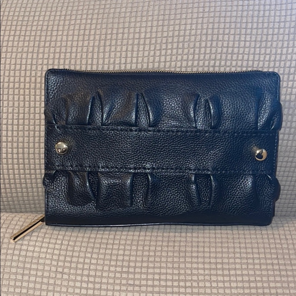 NWT Milly Ruffled Black Pebble Leather Clutch
